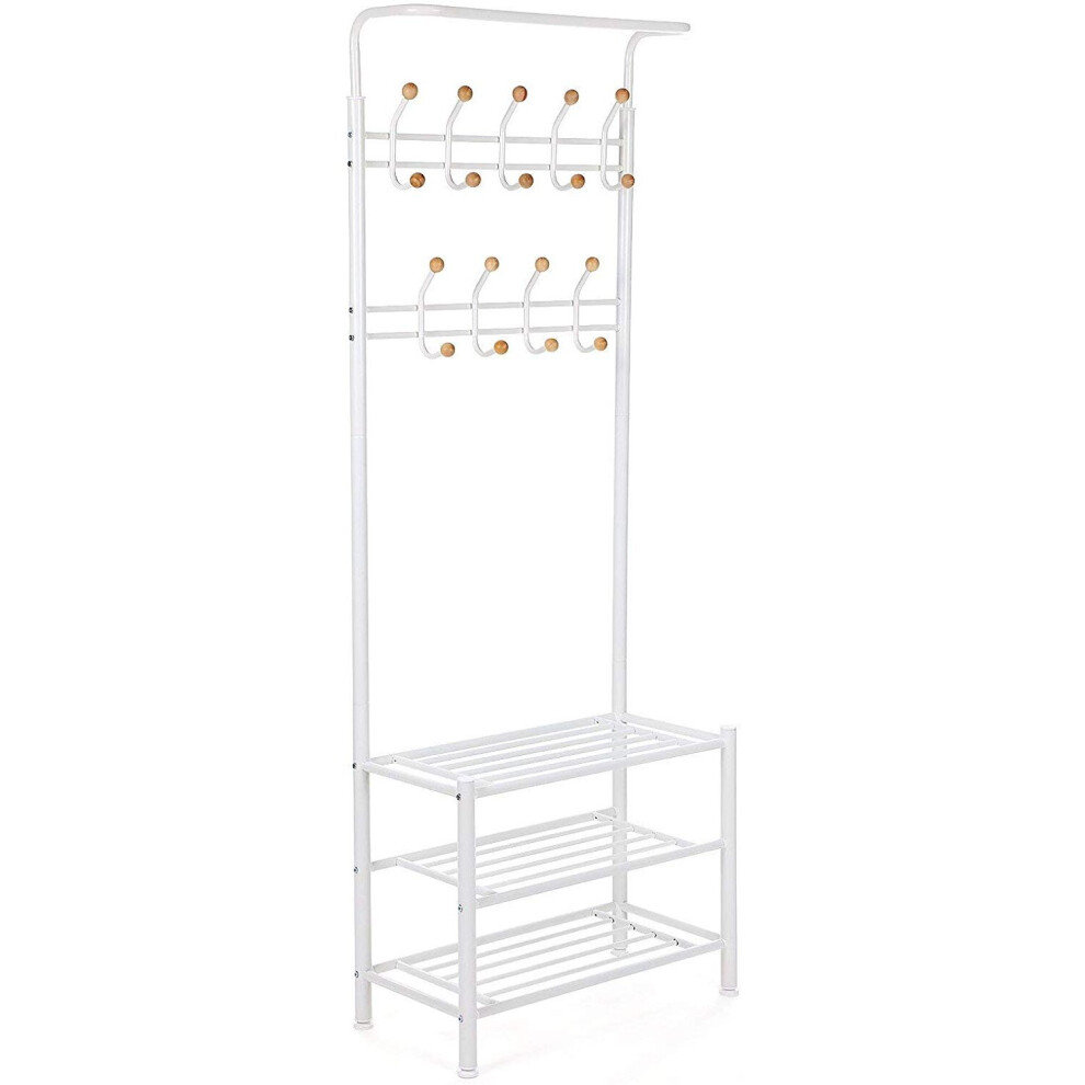 SONGMICS HSR04W Coat Stand with 3 Shoe Shelves with 18 Hooks Metal White