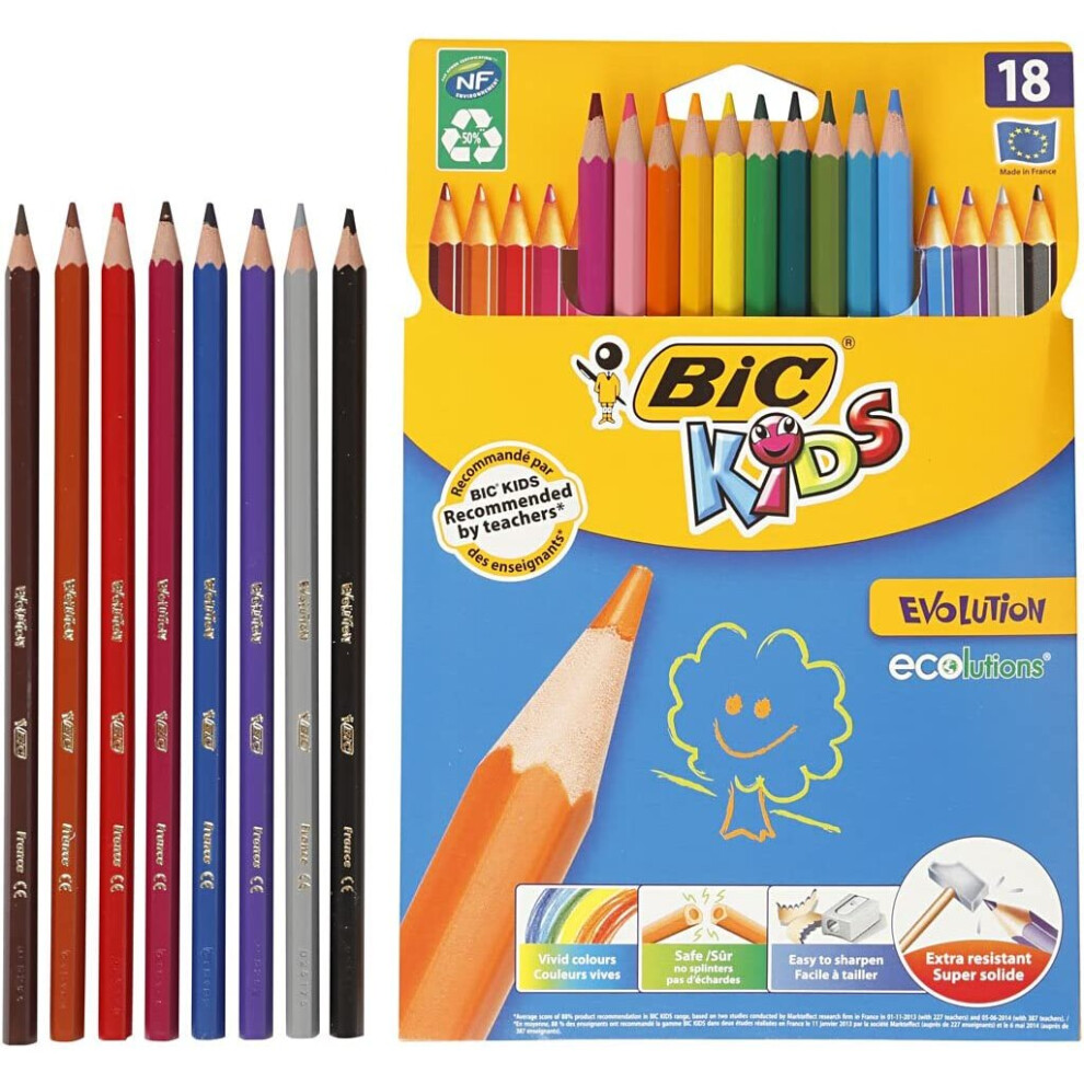 BIC Kids Evolution ECOlutions Colouring Pencils - Assorted Colours, Cardboard Wallet of 18