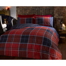 Argyle King Size Quilt Duvet Cover and 2 Pillowcase Reversible Bedding Bed Set, Tartan Check - Red