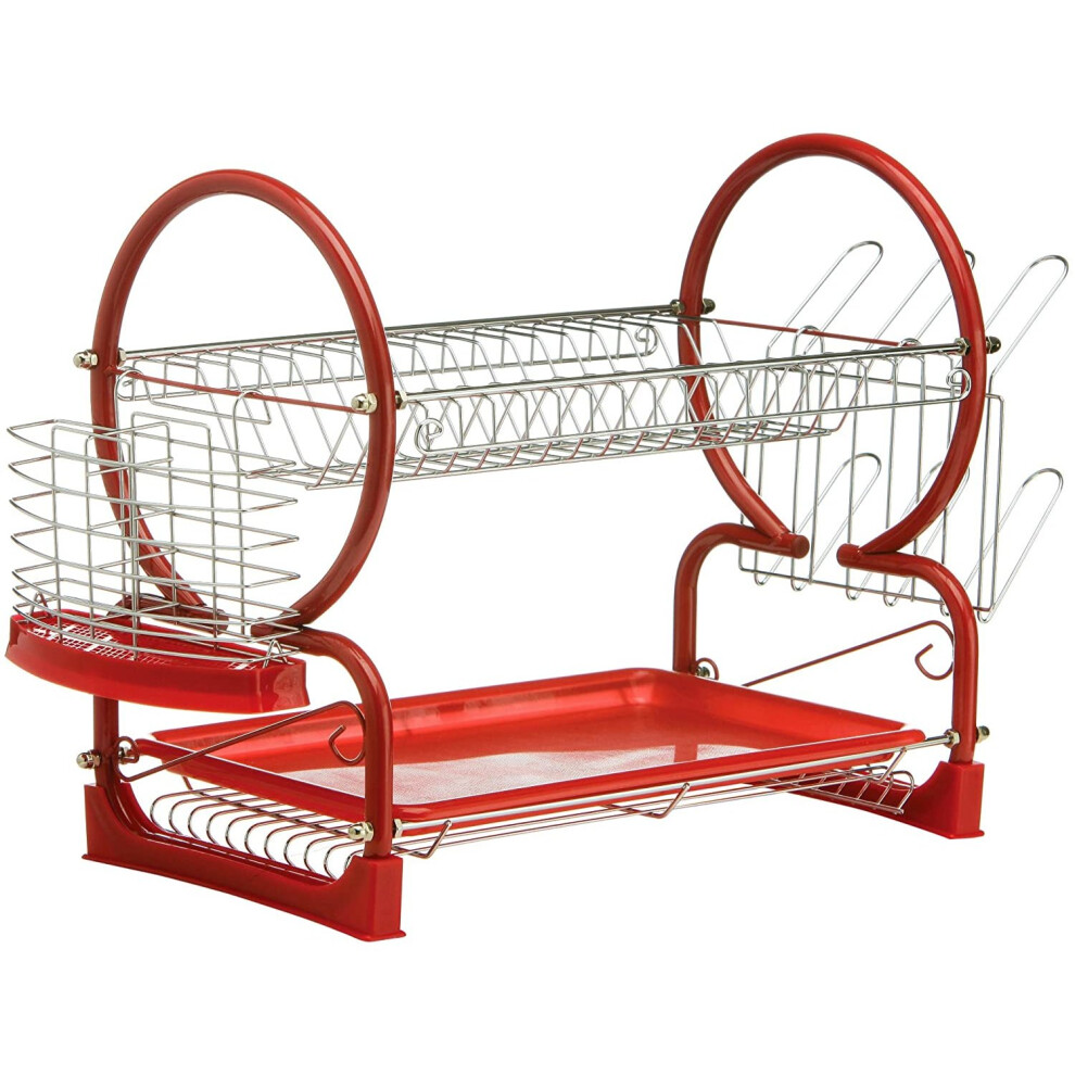 Premier Housewares 2 Tier Dish Drainer, Dish Rack with Drip Tray, Sink Caddy - Red