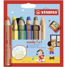 Multi-talented Pencil STABILO woody 3-in-1 wallet of 6 assorted colours + sharpener