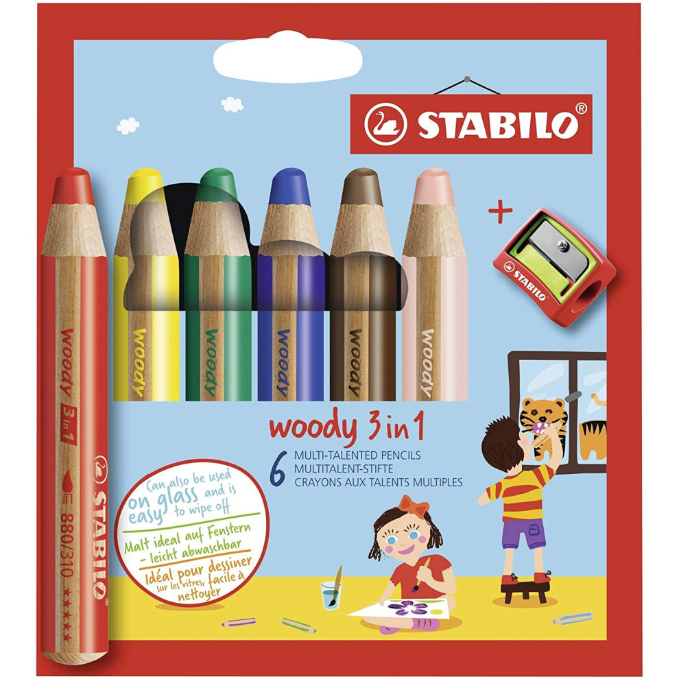 Stabilo Multi-Talented Pencil Woody 3-In-1 Wallet Of 6 Assorted Colours + Sharpener