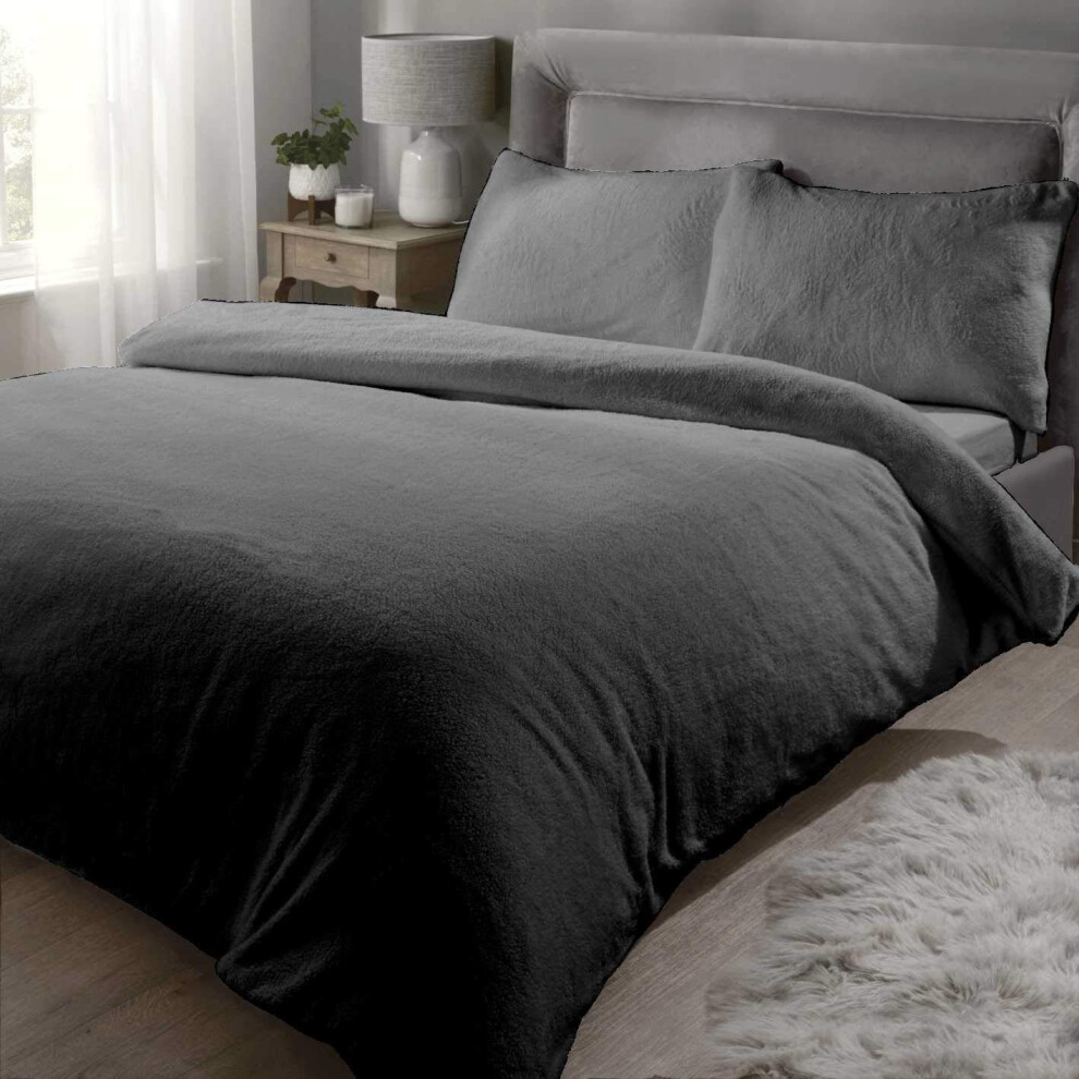 Rapport Teddy Bear Luxurious Super Soft Warm Quilt Duvet Cover Bed Set, Charcoal, Double