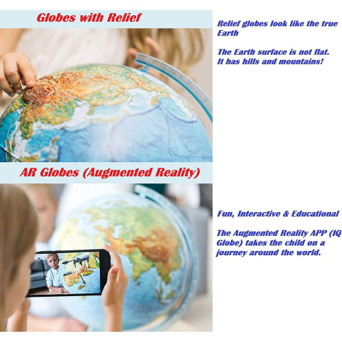 Exerz 32cm Relief Illuminated AR GLOBE with Cable Free LED Light- Physical/Political Dual Map- Augmented Reality App iOS Android - Light Up Globe 1