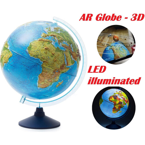 Exerz 32cm Relief Illuminated AR GLOBE with Cable Free LED Light- Physical/Political Dual Map- Augmented Reality App iOS Android - Light Up Globe