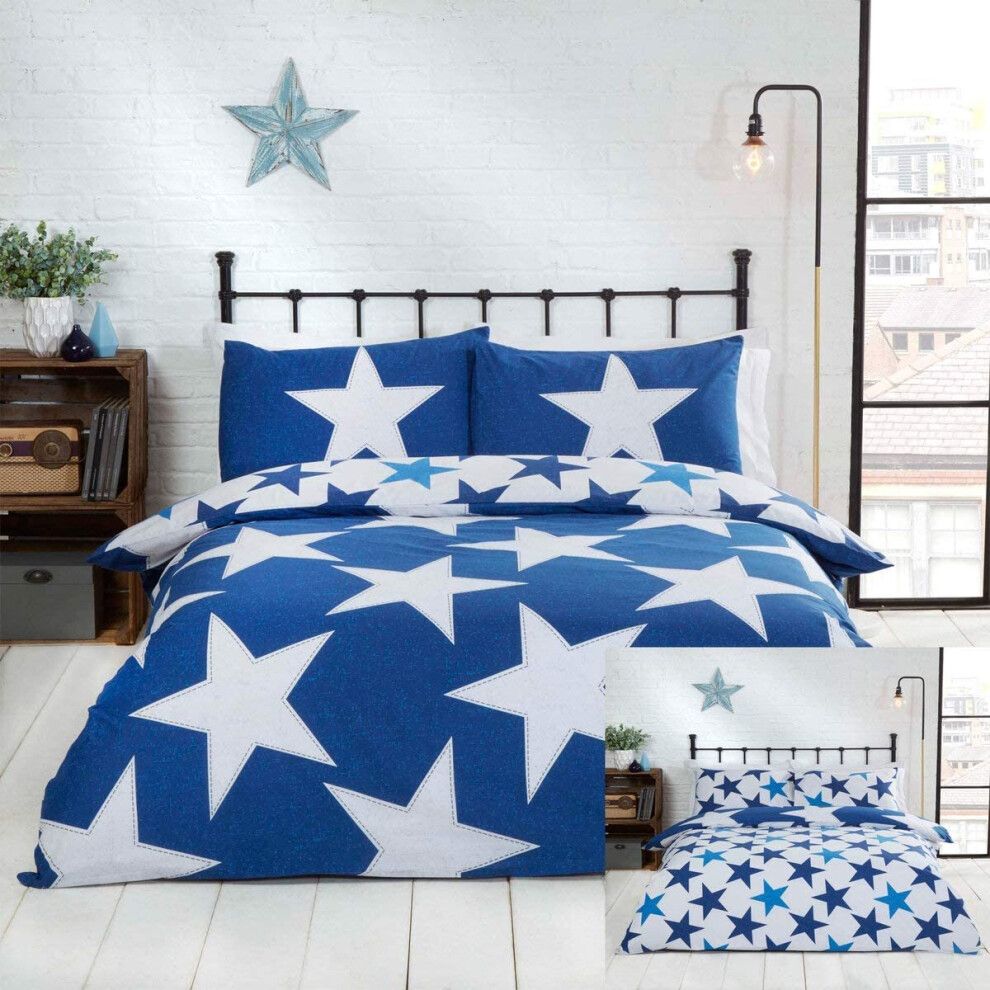 Rapport Stars Reversible Duvet Cover Bed Set, Polycotton Navy, Single