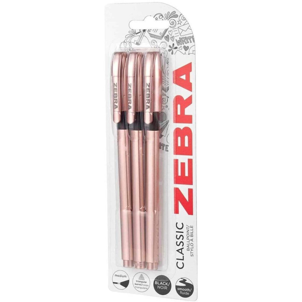 Zebra Classic Rose Ballpoint Pens Ink Pack Of 3 Gold/Black