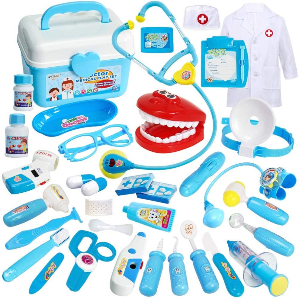 Buyger 35 Pcs Doctors Set for Kids Dress Up Costumes for Children Pretend Role Play Medical Carry Case with Electronic Stethoscope