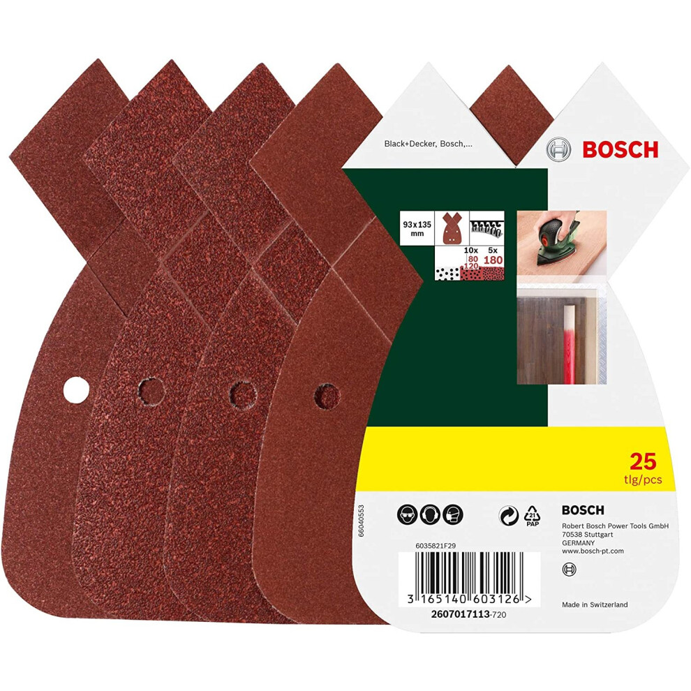 Bosch Home and Garden 2607017113 25-Piece Sanding Sheet Set for Multi-Sanders, grit 80, 120, 180, Red