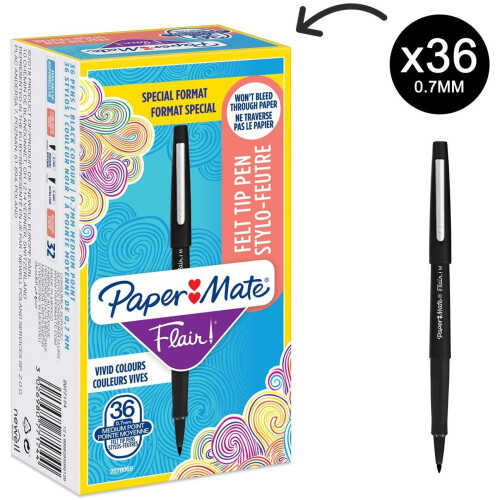 Paper Mate Paper Mate Flair Felt Tip Pens | Medium Point (0.7mm) | Black | 36 Count