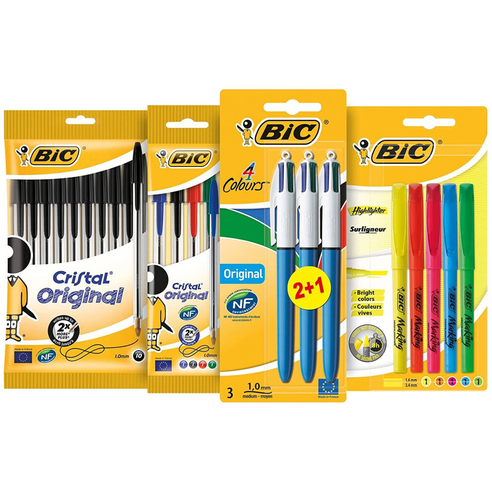 Bic Student Ballpoint Pens, Highlighters And 4 Colour Pens Black