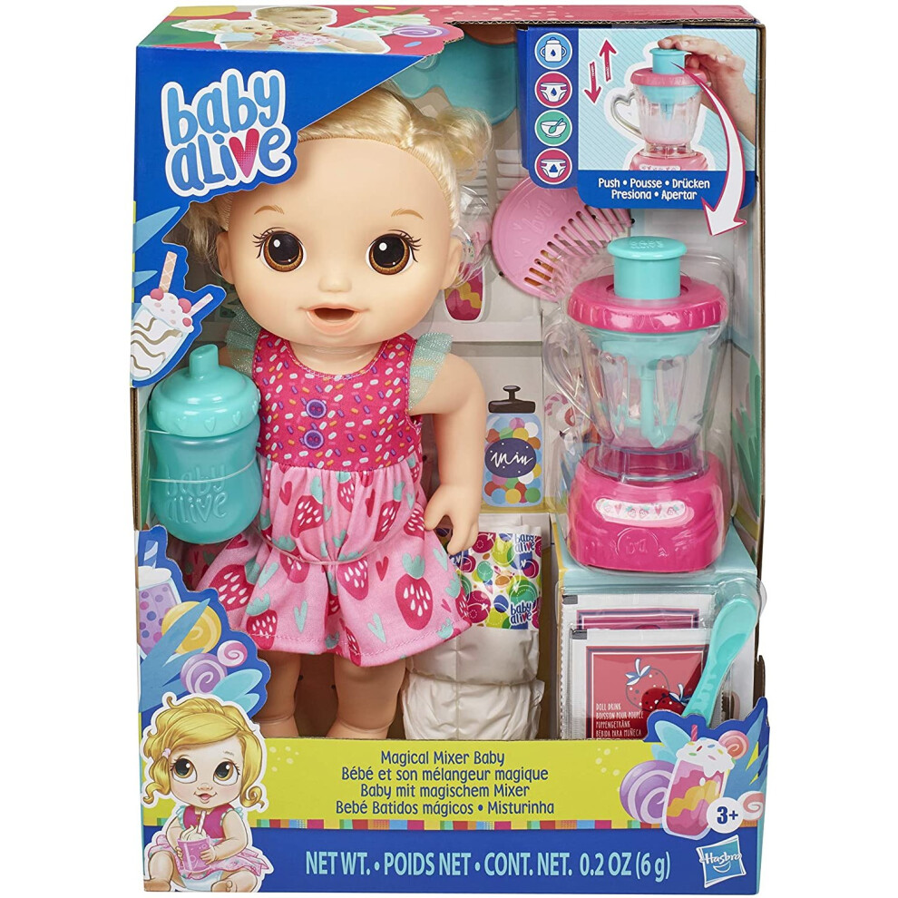 Baby Alive Magical Mixer Baby Doll Strawberry Shake with Blender Accessories, Drinks, Wets, Eats, Blonde Hair Toy for Children Aged 3 and Up