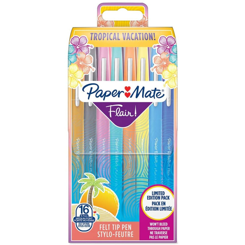 Paper Mate Flair Felt Tip Pens | Medium Point (0.7mm) | Assorted Tropical Vacation Colours | 16 Count Pouch