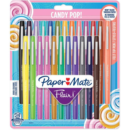 Paper Mate Paper Mate Flair Felt Tip Pens | Medium Point (0.7mm) | Assorted Candy POP Colours | 24 Count