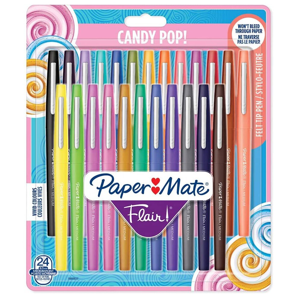 Paper Mate Flair Felt Tip Pens | Medium Point (0.7mm) | Assorted Candy POP Colours | 24 Count