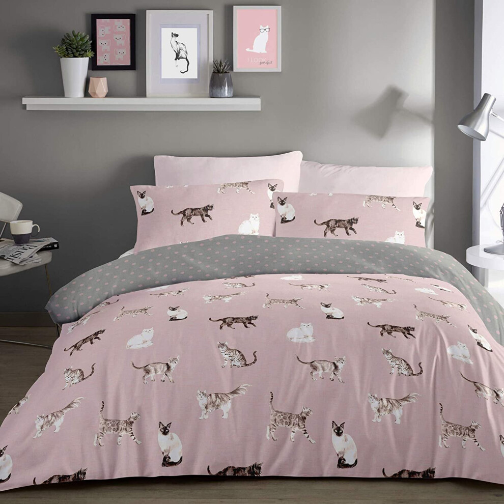 Fusion Unisex Rose 'Cats' Luscious Hand Drawn Cat Print Duvet Cover Set In | Size: Single - Image 8