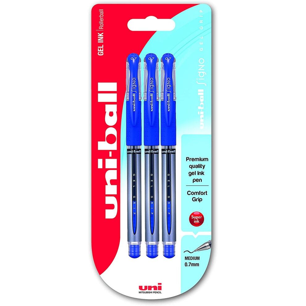 Uni-Ball Um-151S Signo Gel Pens With Gel Grip, Gel, 0.7Mm Stainless Steel Nib (Pack Of 3) Blue