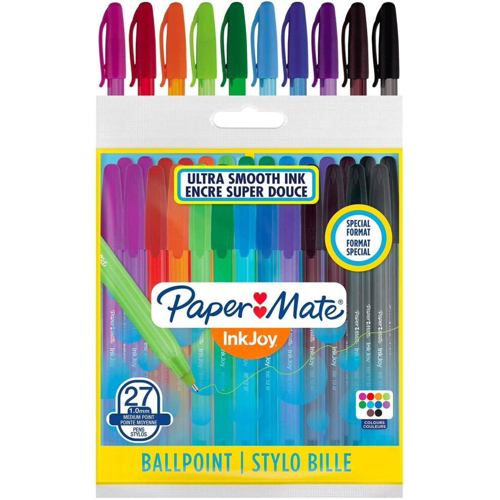 Paper Mate InkJoy 100ST Ballpoint Pens | Medium Point (1.0mm) | Assorted Fun Colours | 27 Count