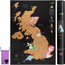 Scratch Off UK Map Poster + Accessories Kit and Gift Tube - Travel Map of the UK in Nebula Watercolour