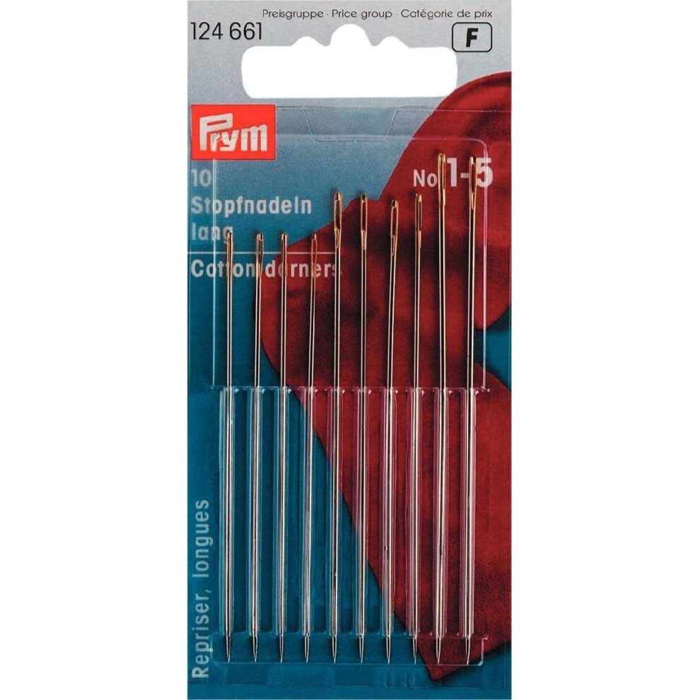 Prym Darning Needles Long HT 1-5 Silver col Assorted with Gold Eye