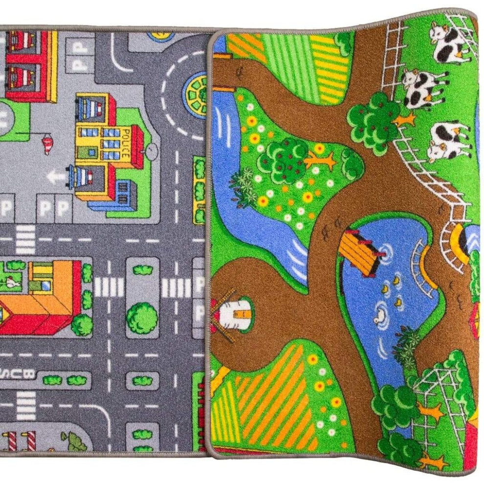 Children's Double Sided Play Village Farm Mat Town City Car Roads Rug 80cm x 150cm (2'7" x 4'11")