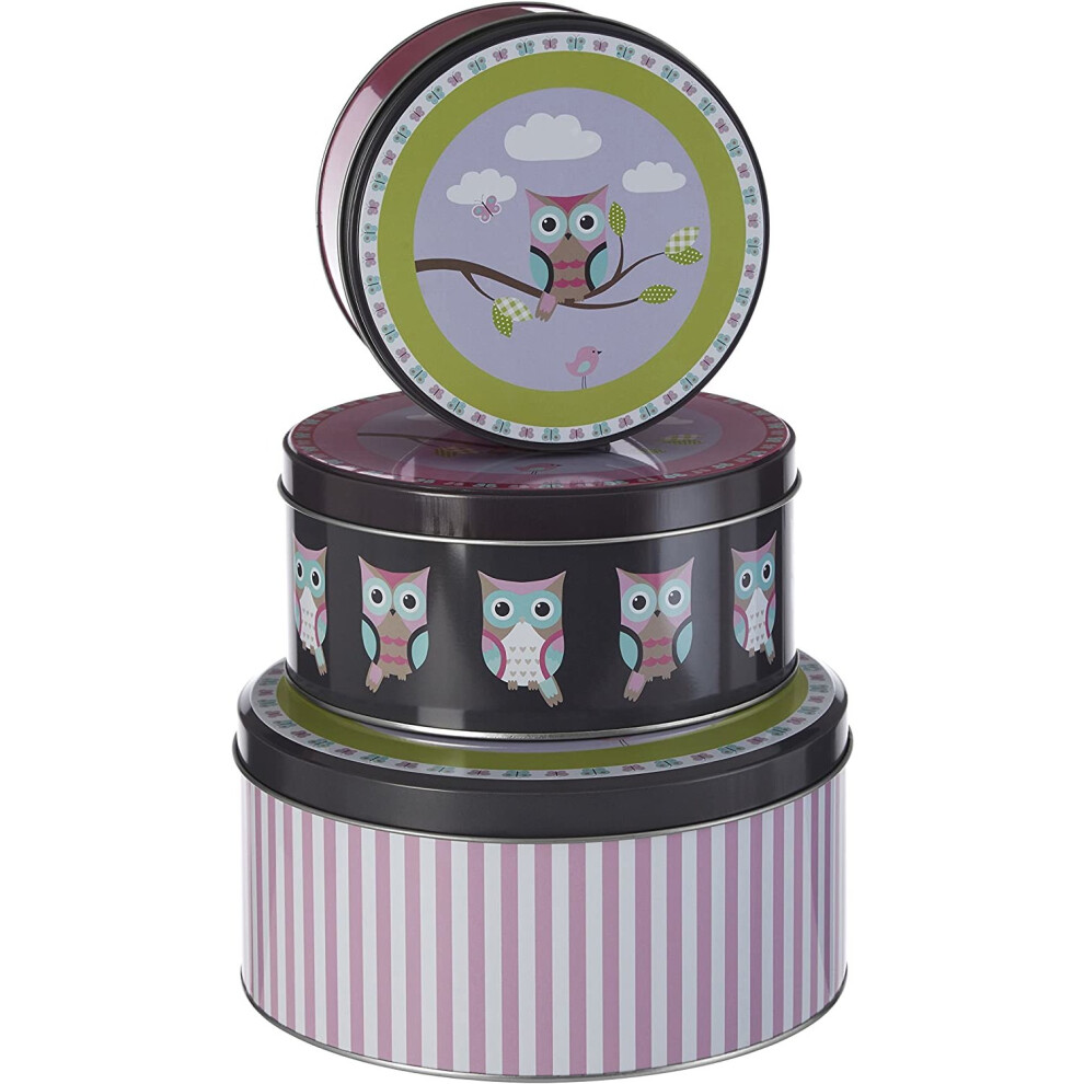 Premier Housewares Happy Owls Storage Tins, Round, Set of 3