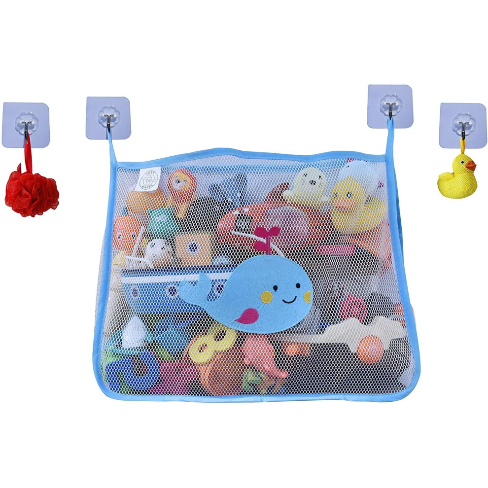 COSY ANGEL Baby Bath Toy Bag for Bath Toys Large Organiser Bathroom Storage Net with 4 Waterproof Self Adhesive Hooks (Blue)