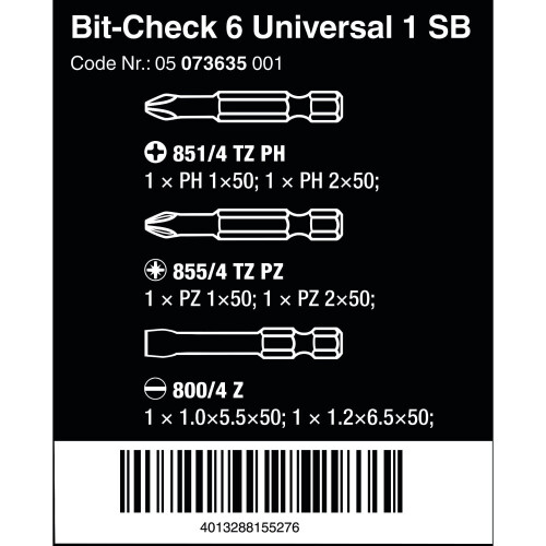 Wera Wera Bit-Check 6 Universal 1 SB Bit Set, PH/PZ/SL, 6PC, 05073635001 1
