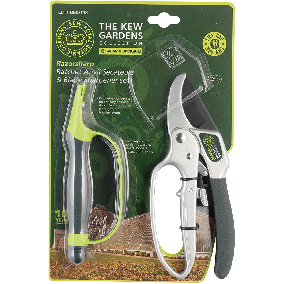 Spear & Jackson Kew Gardens Razorsharp CUTTINGSET1K Ratchet Anvil Secateurs and Sharpener Set, Blue