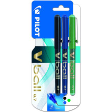 Pilot V Ball 07 Liquid Ink Rollerball Pens 0.7mm Tip Black/Blue/Green Ink Blistercard 3 Pens
