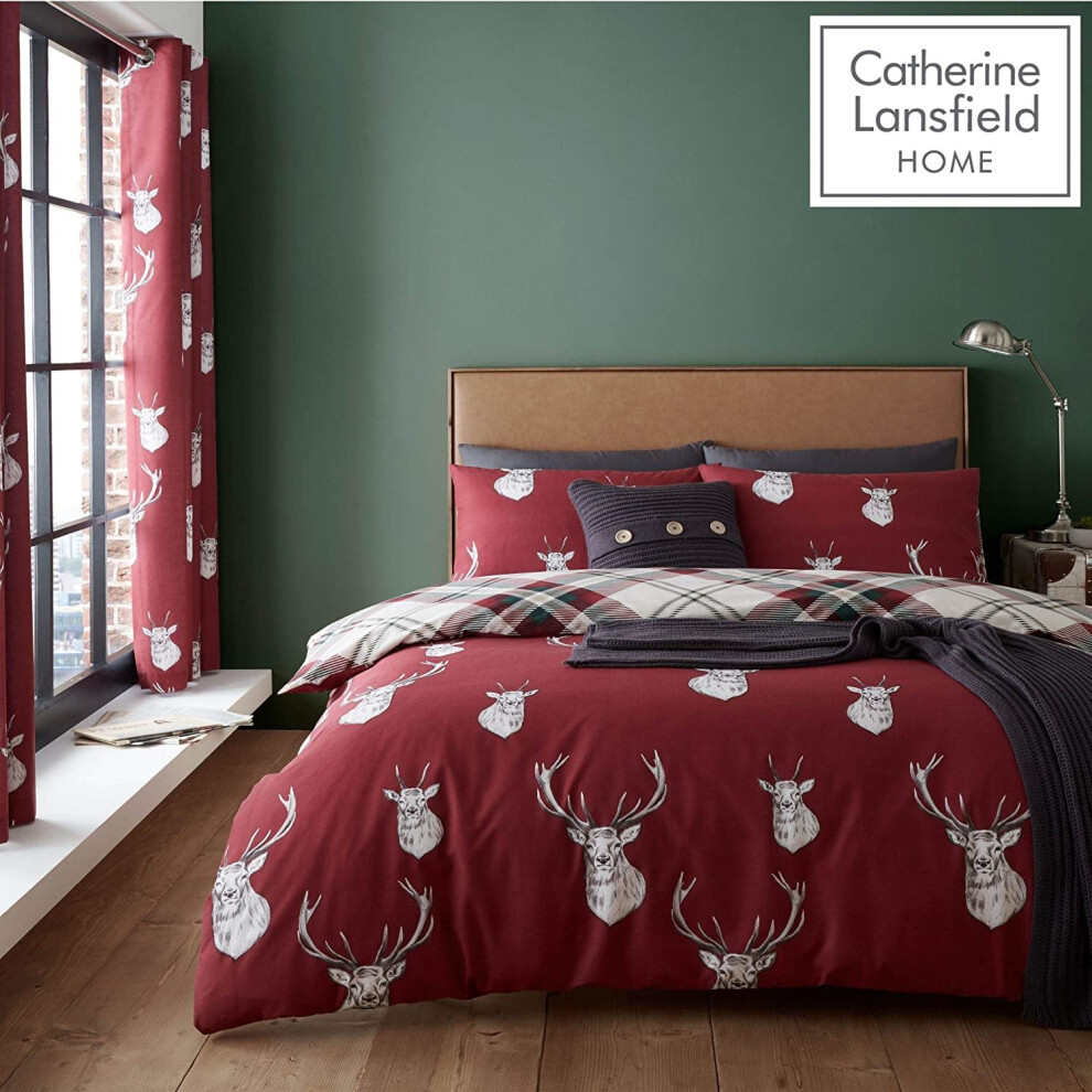 Catherine Lansfield Munro Stag Check Easy Care Double Duvet Set Red