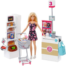 Muñeca Barbie y Juego, Supermercado con 25 Accesorios de Comida Incluyendo Caja y Estantes