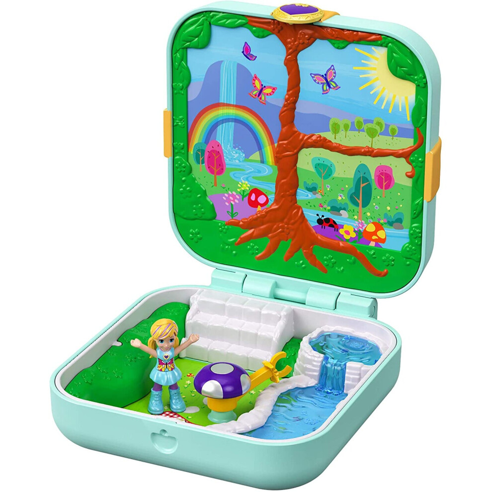 Polly Pocket GDK79 Pocket Hidden Hideouts Flutterrific Forest Compact with Fairy Forest-themed, Micro Polly & Accessory