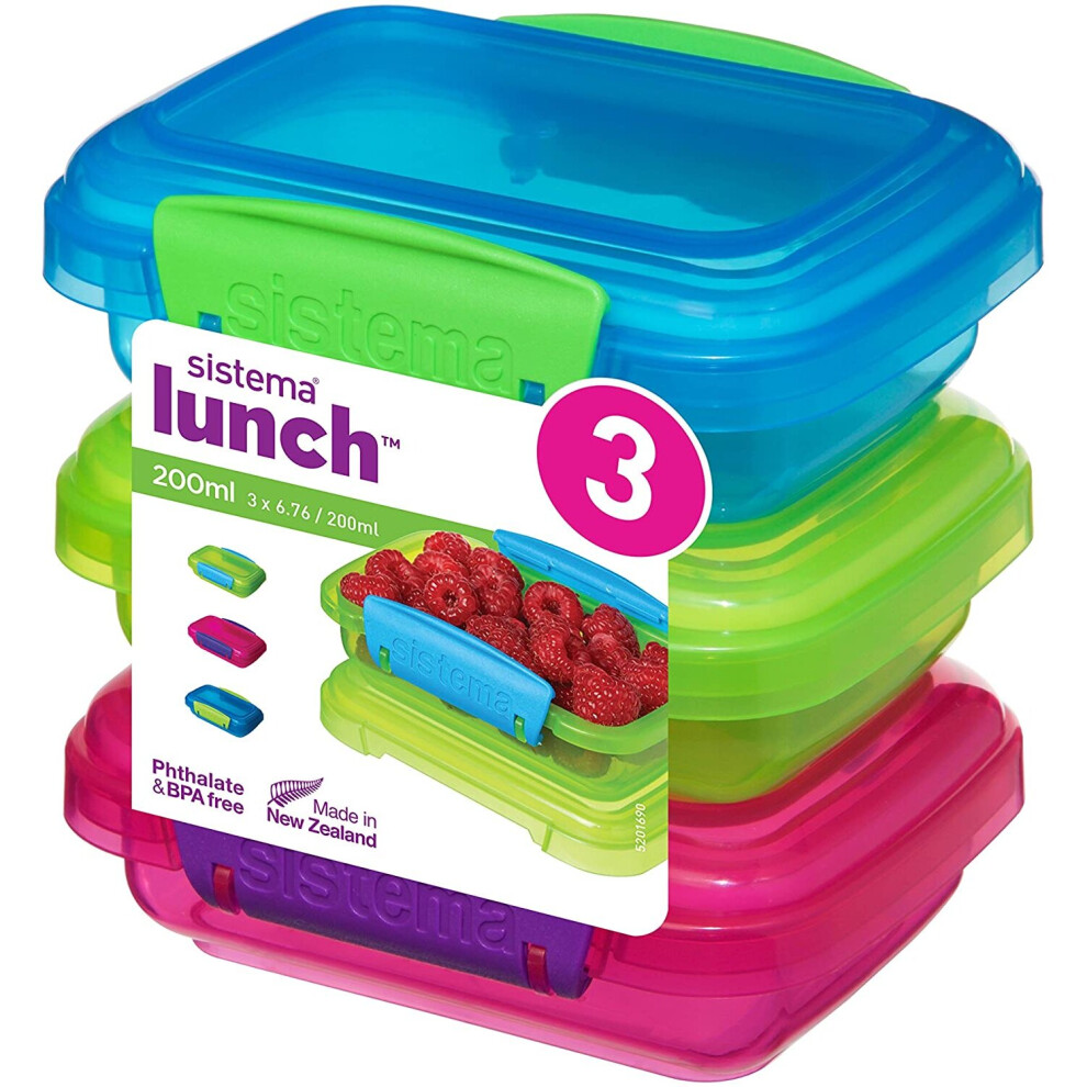 Sistema Lunch Food Storage Containers With Contrasting Clips, 200 Ml, Pack Of 3 Green/Pink/Blue