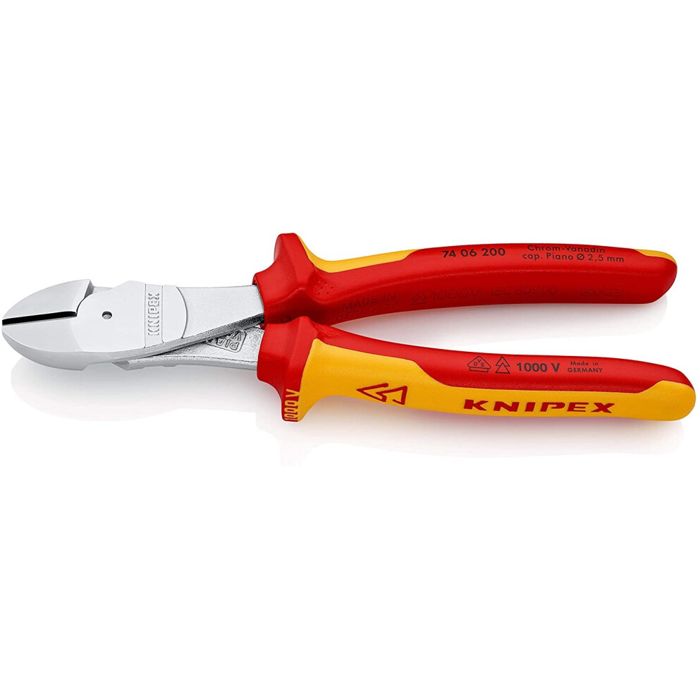 KNIPEX 74 06 200 High Leverage Diagonal Cutter chrome plated insulated with multi-component grips, VDE-tested 200 mm