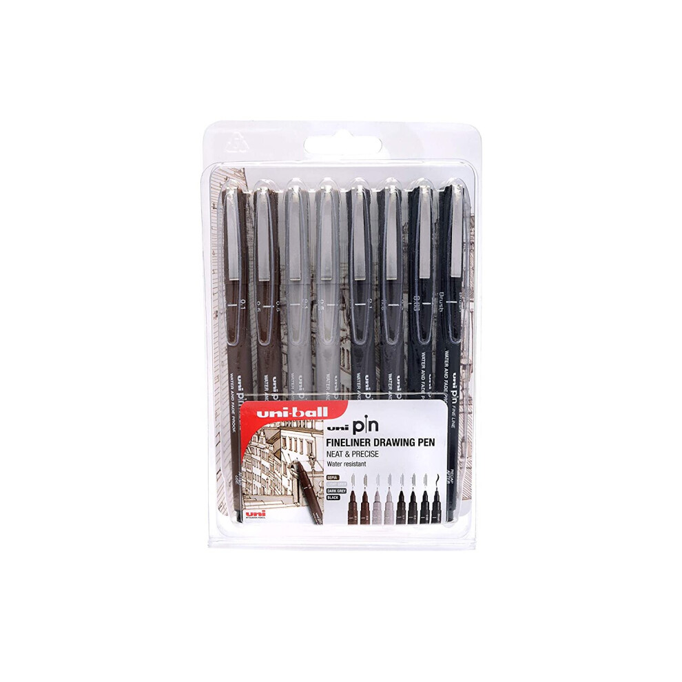 PIN 8pc Drawing Pen, Sepia, Light Grey, Dark Grey, Black Ink, 8 Pack Assorted Nib Sizes