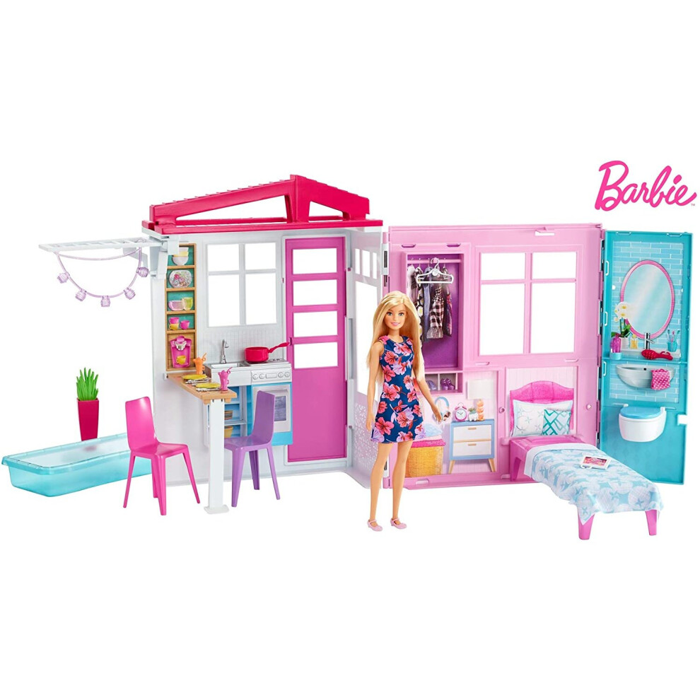Barbie Fxg55 Doll And Dollhouse, Portable 1-Story Playset, With Pool, Multi-Coloured