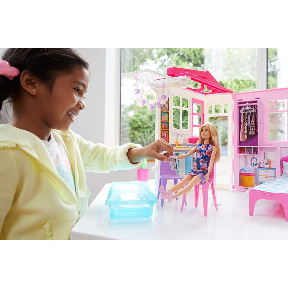 Barbie FXG55 Doll and Dollhouse, Portable 1-Story Playset, with