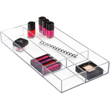 iDesign Makeup Organiser Tray, Large Plastic Drawer Organiser with 4 Compartments for Cosmetics, Makeup and Bathroom Accessories, Clear