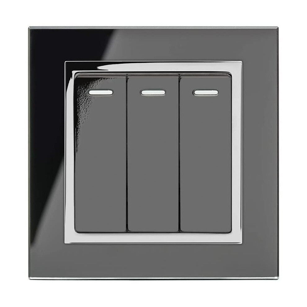 Retrotouch Crystal 3-Gang 2-Way 10A Light Switch Black Glass With Chrome Trim 5060260690095