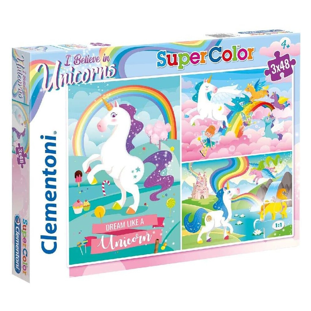 Clementoni 25231 -25231-Supercolor-Unicorno 3 X 48 Pièces 25231-Supercolor Unicorn Brilliant  Puzzle 3 X 48 Pieces, Multi-Coloured