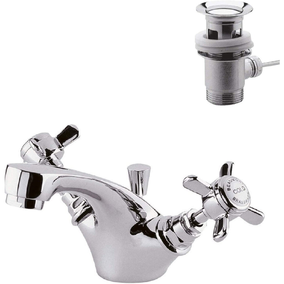 Nuie I345X Beaumont ? Traditional Bathroom Crosshead Handle Mono Basin Mixer Tap with Pop-up Waste, 105mm x 50mm, Chrome, Set of 2 Pieces-image-OPC-P5W5N2C-NEW