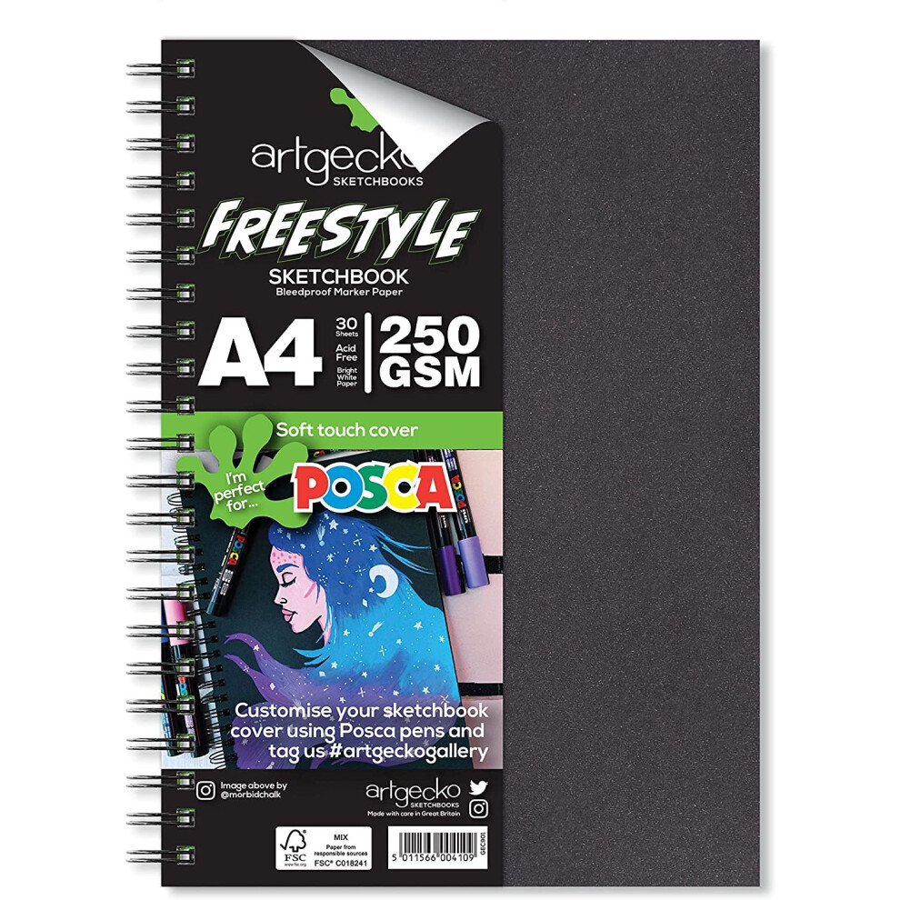 Artgecko Freestyle Sketchbook (A4 Portrait) - 60 Pages (30 Sheets) Unique 250gsm Acid Free Smooth Bright White Hybrid Paper