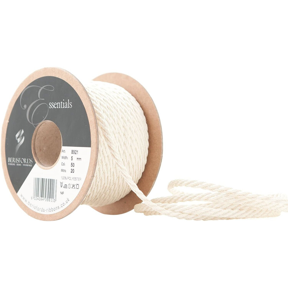 Berisfords Barley Twist Rope, Cream, 5 Mm Width, 20 Metre Length 5024264245552