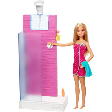 Barbie Puppe und Möbel Set, Badezimmer mit funktionierender Dusche und drei Badaccessoires