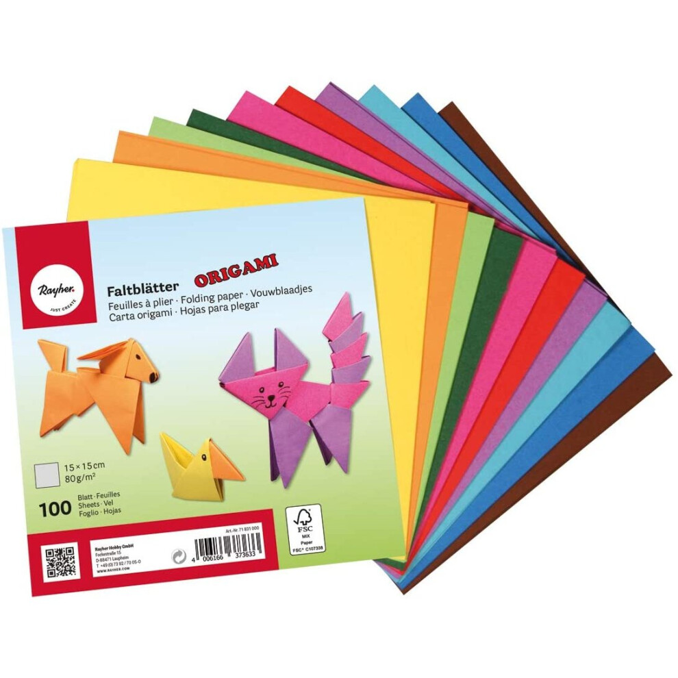 Rayher 71831000 Origami Paper, Origami Folding Paper Pack, 100 Sheets And 10 Assorted Colours, 15X15cm