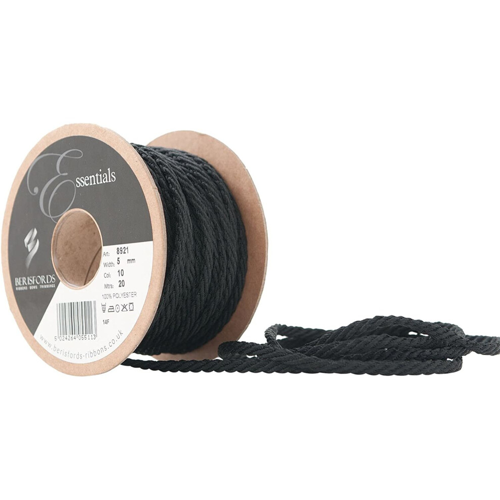 Berisfords Barley Twist Rope, Black, 5 Mm Width, 20 Metre Length 5024264245538