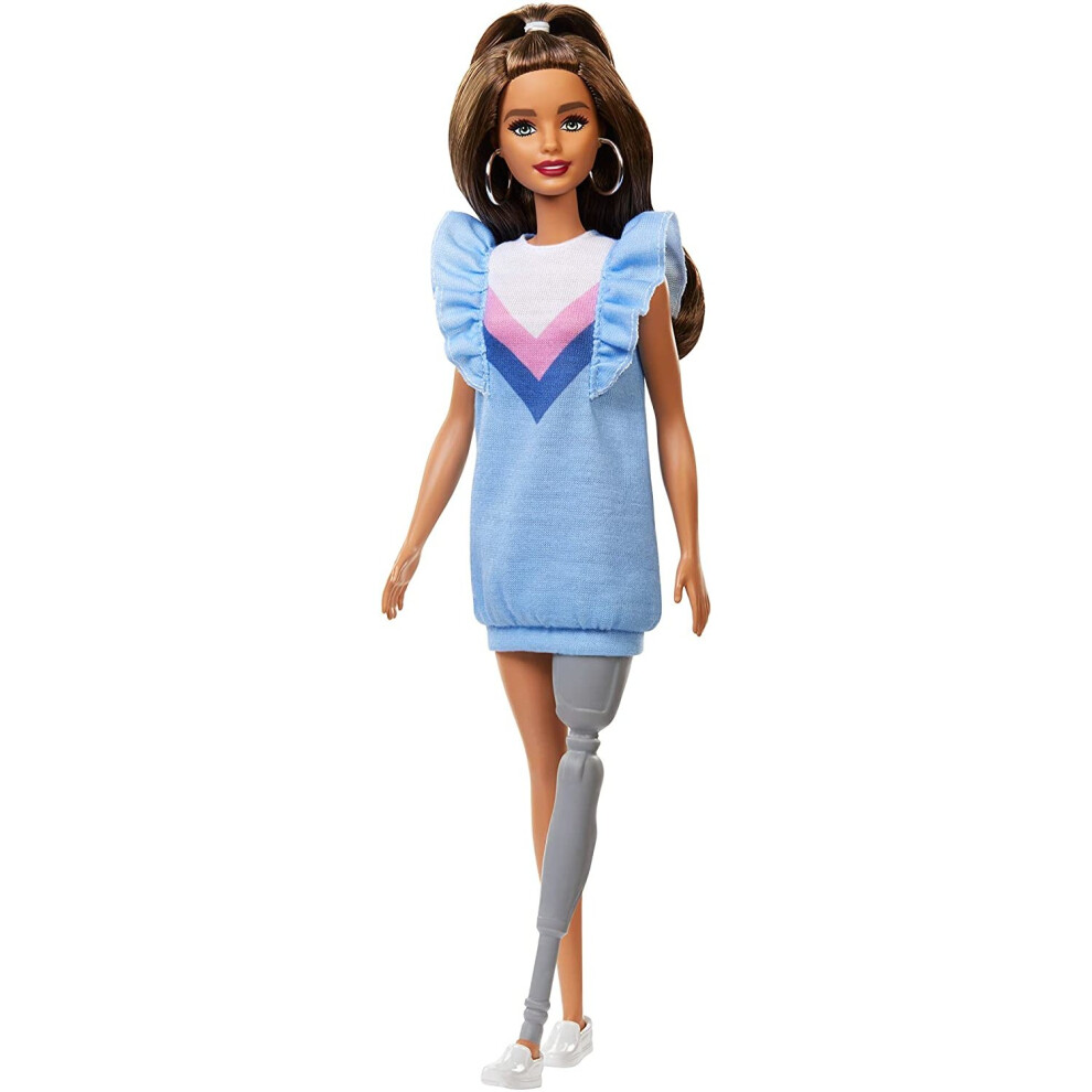 ?Barbie Fashionistas Doll with Long Brunette Hair and Prosthetic Leg Wearing Sweater Dress and Accessories, for 3 to 8 Year Olds