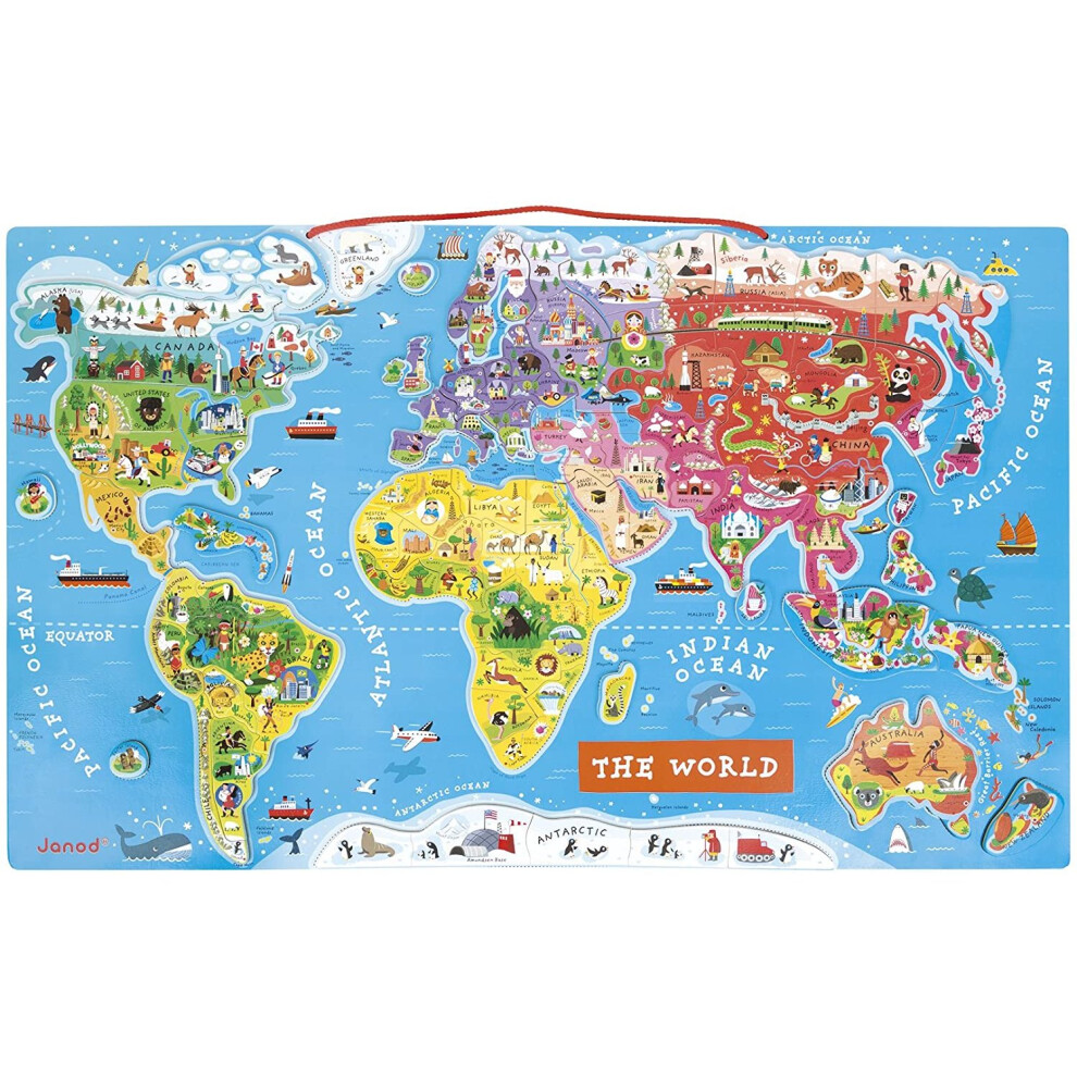 Janod J05504 Wooden Magnetic World Map Puzzle 92 pieces, English Version