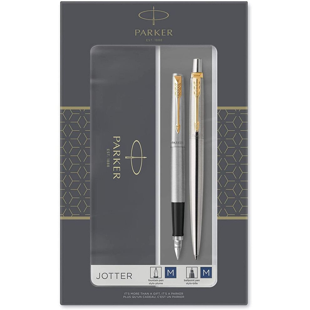 Parker Jotter Duo Gift Set with Ballpoint Pen & Fountain Pen, Stainless Steel with Gold Trim, Blue Ink Refill & Cartridges, Gift Box